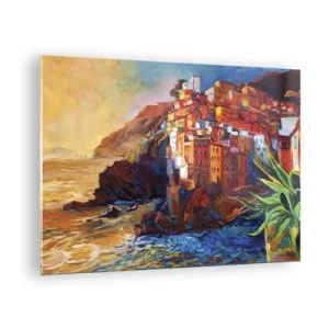 Glasbild - Bild auf glas - Eine farbenfrohe Stadt auf einer Klippe mit Blick auf das Meer - 70x50cm - Italienische Atmosphäre - Moderne Wanddekoration für Wohnzimmer und Schlafzimmer ARTTOR