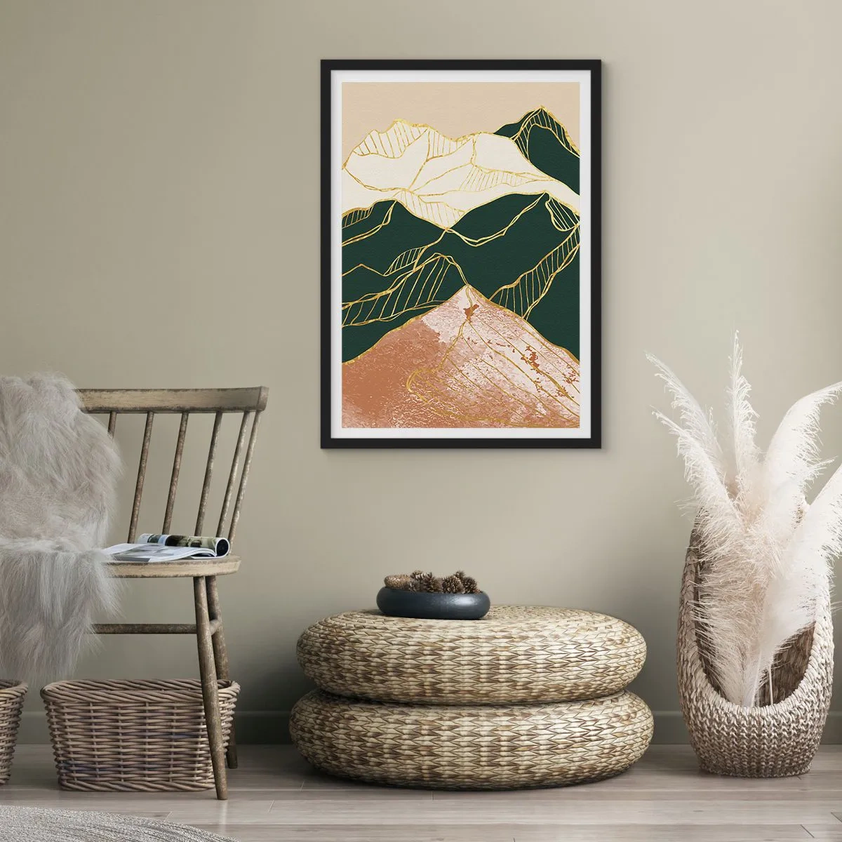 Poster in einem schwarzem Rahmen - Abstrakte goldene Linien schaffen eine Berglandschaft - 50x70cm - Goldene Spitzen - Moderne Wanddekoration für Wohnzimmer und Schlafzimmer ARTTOR