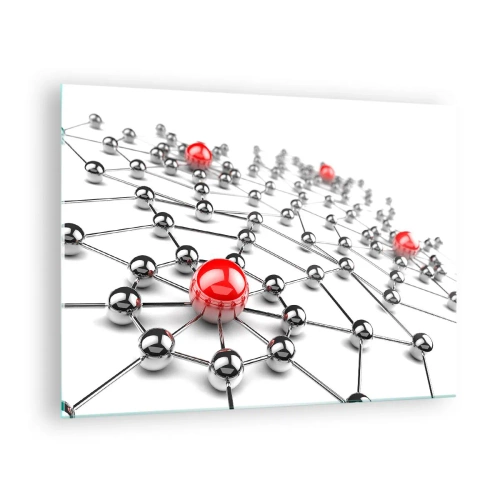 Glasbild - Bild auf glas - Silbernes Molekülnetzwerk mit roten Akzenten - 70x50cm - Silbriges Netz - Moderne Wanddekoration für Wohnzimmer und Schlafzimmer ARTTOR