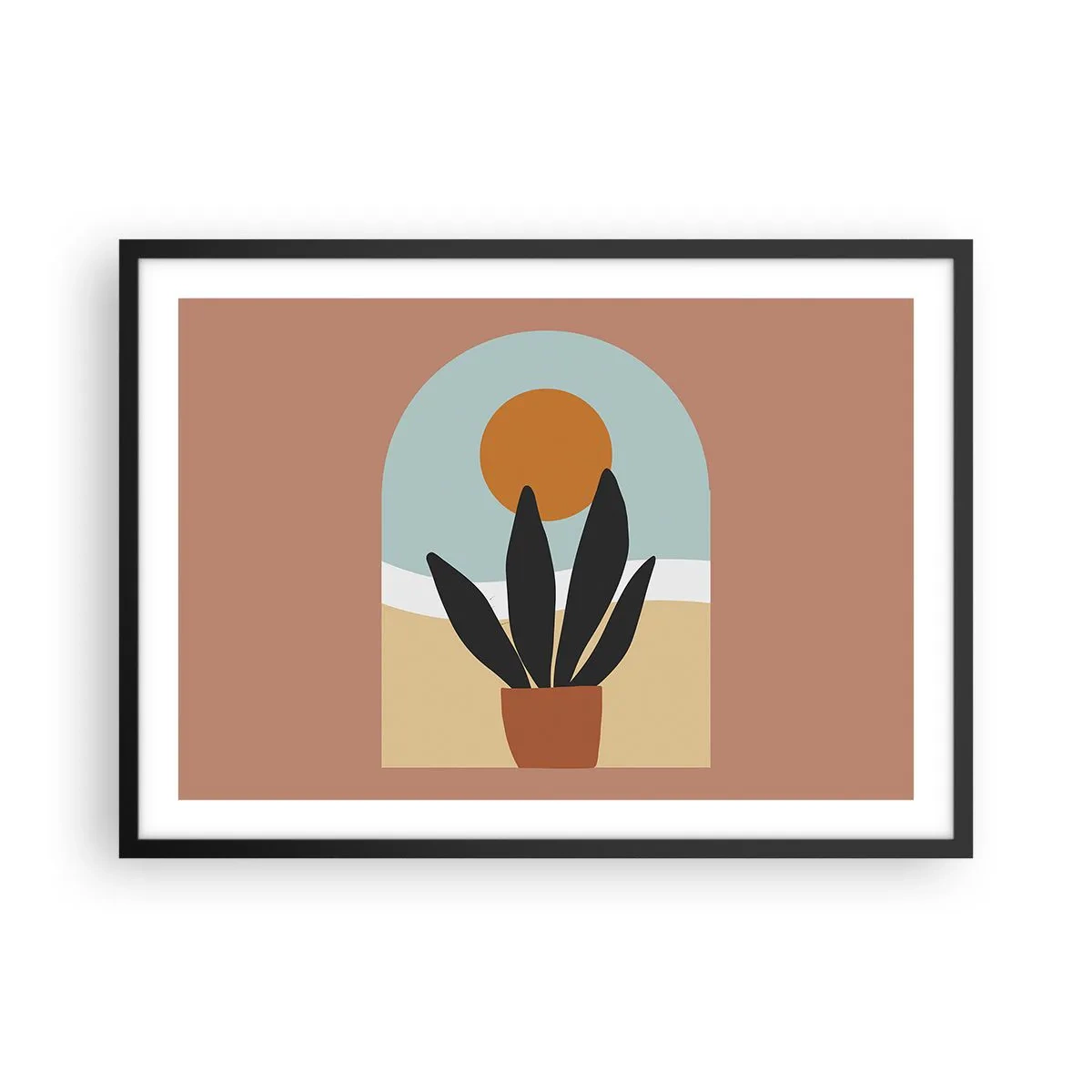 Poster in einem schwarzem Rahmen - Eine schwarze Pflanze in einem Topf gegen die Sonne - 70x50cm - Kleine Freuden - Moderne Wanddekoration für Wohnzimmer und Schlafzimmer ARTTOR