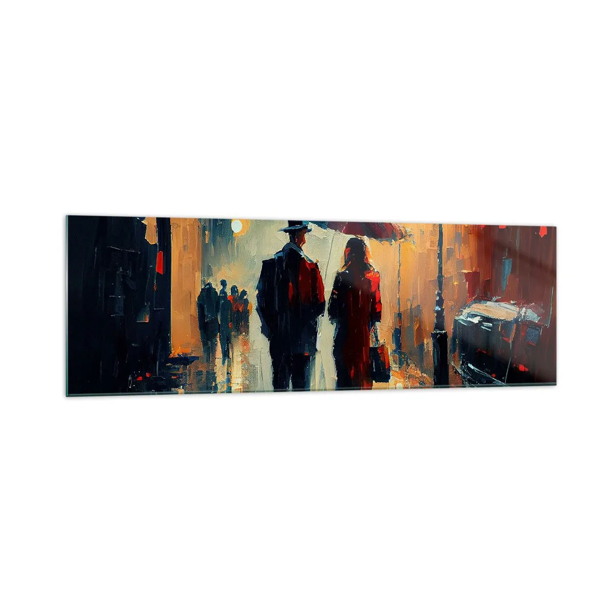 Glasbild - Bild auf glas - Nachts im Regen unter einem Regenschirm in der Stadt spazieren gehen - 160x50cm - Urbane Liebesgeschichte - Moderne Wanddekoration für Wohnzimmer und Schlafzimmer ARTTOR