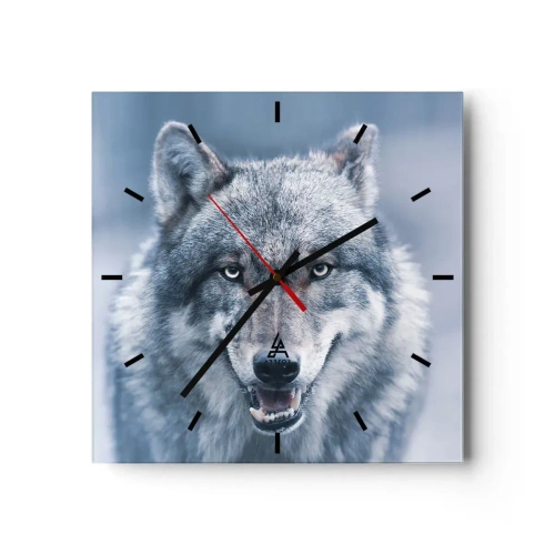 Wanduhr - Glasuhr - Ein Wolf mit intensivem Blick in einer Winterlandschaft - 30x30cm - Werden Sie die Herausforderung annehmen? - Moderne Wanddekoration für Wohnzimmer und Schlafzimmer ARTTOR