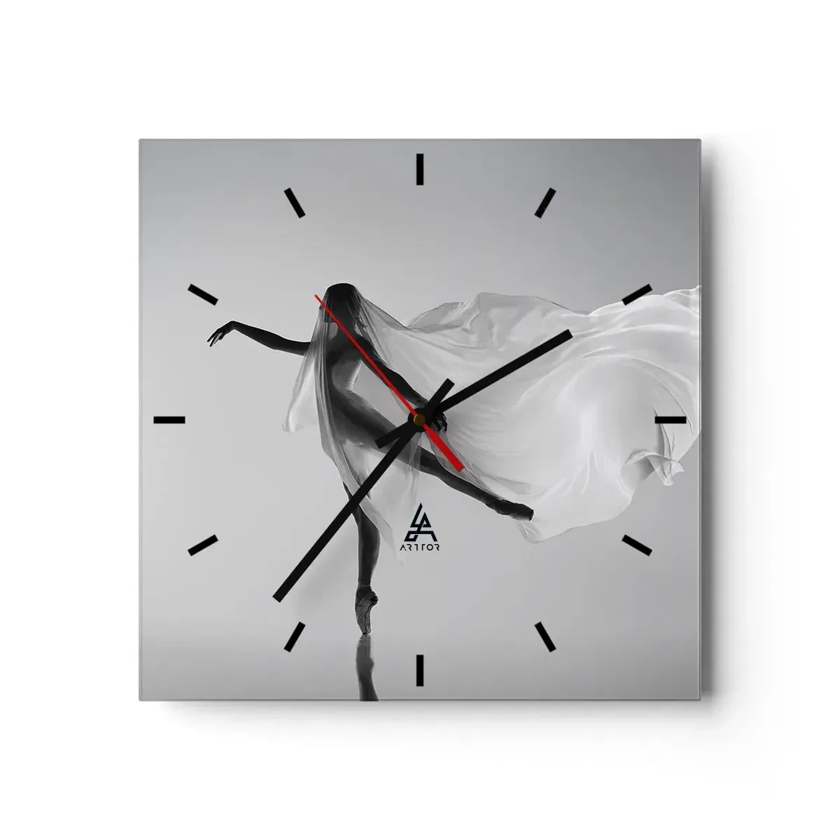 Wanduhr - Glasuhr - Eine Tänzerin in ätherischer Pose mit fließendem Stoff - 30x30cm - Leichtigkeit und Anmut - Moderne Wanddekoration für Wohnzimmer und Schlafzimmer ARTTOR