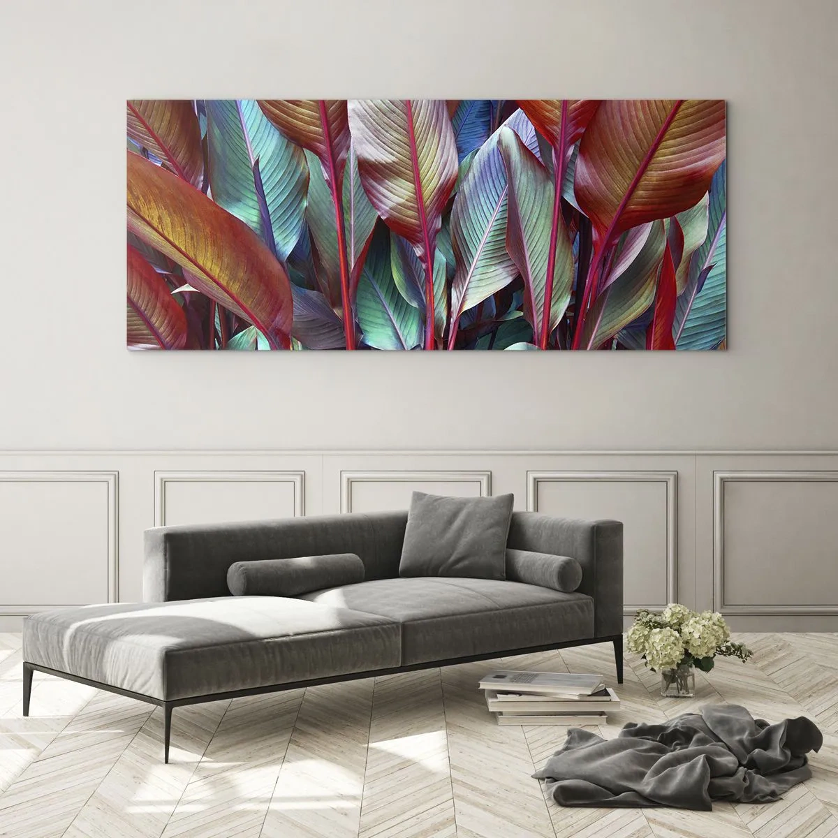 Glasbild - Bild auf glas - Bunte Blätter tropischer Pflanzen im Dickicht - 120x50cm - Buntes Dickicht - Moderne Wanddekoration für Wohnzimmer und Schlafzimmer ARTTOR