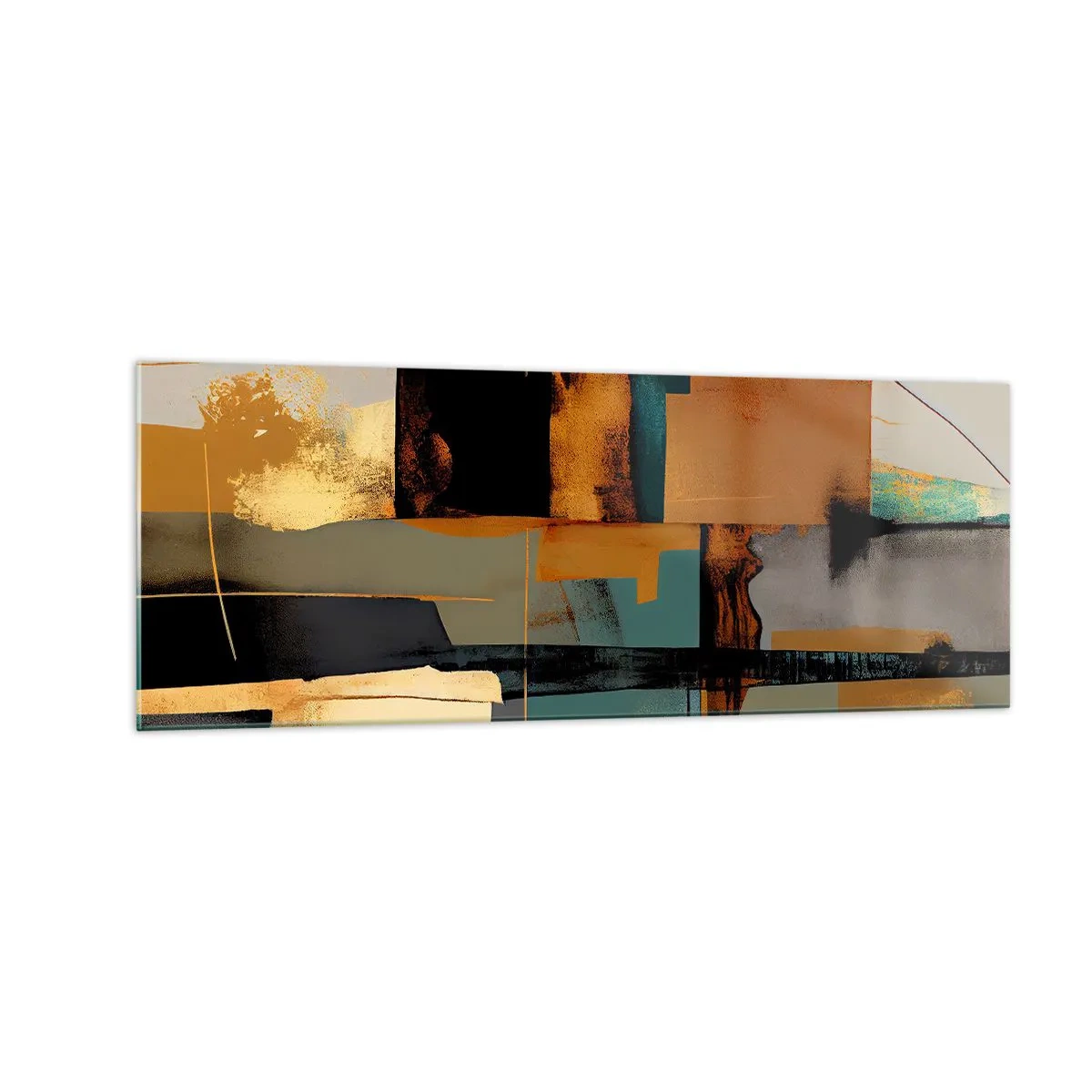 Glasbild - Bild auf glas - Abstrakte Komposition mit goldenen und türkisfarbenen Elementen - 140x50cm - Abstraktion – Licht und Schatten - Moderne Wanddekoration für Wohnzimmer und Schlafzimmer ARTTOR