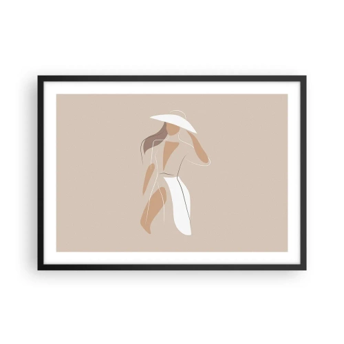Poster in einem schwarzem Rahmen - Eine minimalistische Zeichnung einer Frau mit Hut auf beigem Hintergrund. - 70x50cm - Mode macht Spaß - Moderne Wanddekoration für Wohnzimmer und Schlafzimmer ARTTOR