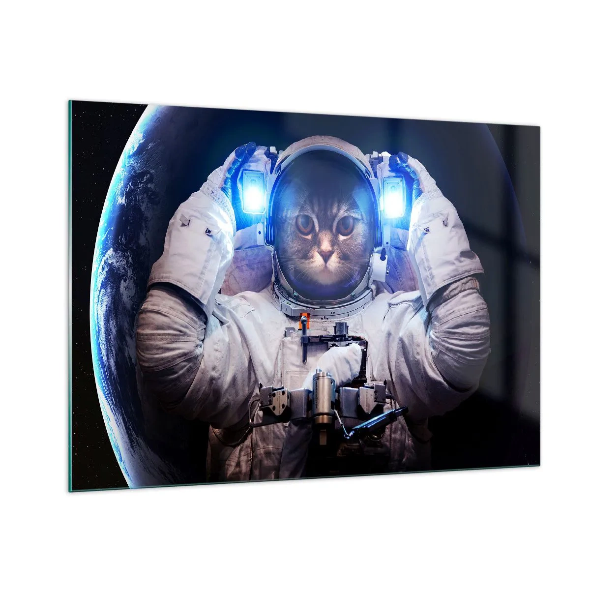 Glasbild - Bild auf glas - Ein katzenköpfiger Kosmonaut im Weltraum - 100x70cm - Houston, du hast ein Problem - Moderne Wanddekoration für Wohnzimmer und Schlafzimmer ARTTOR