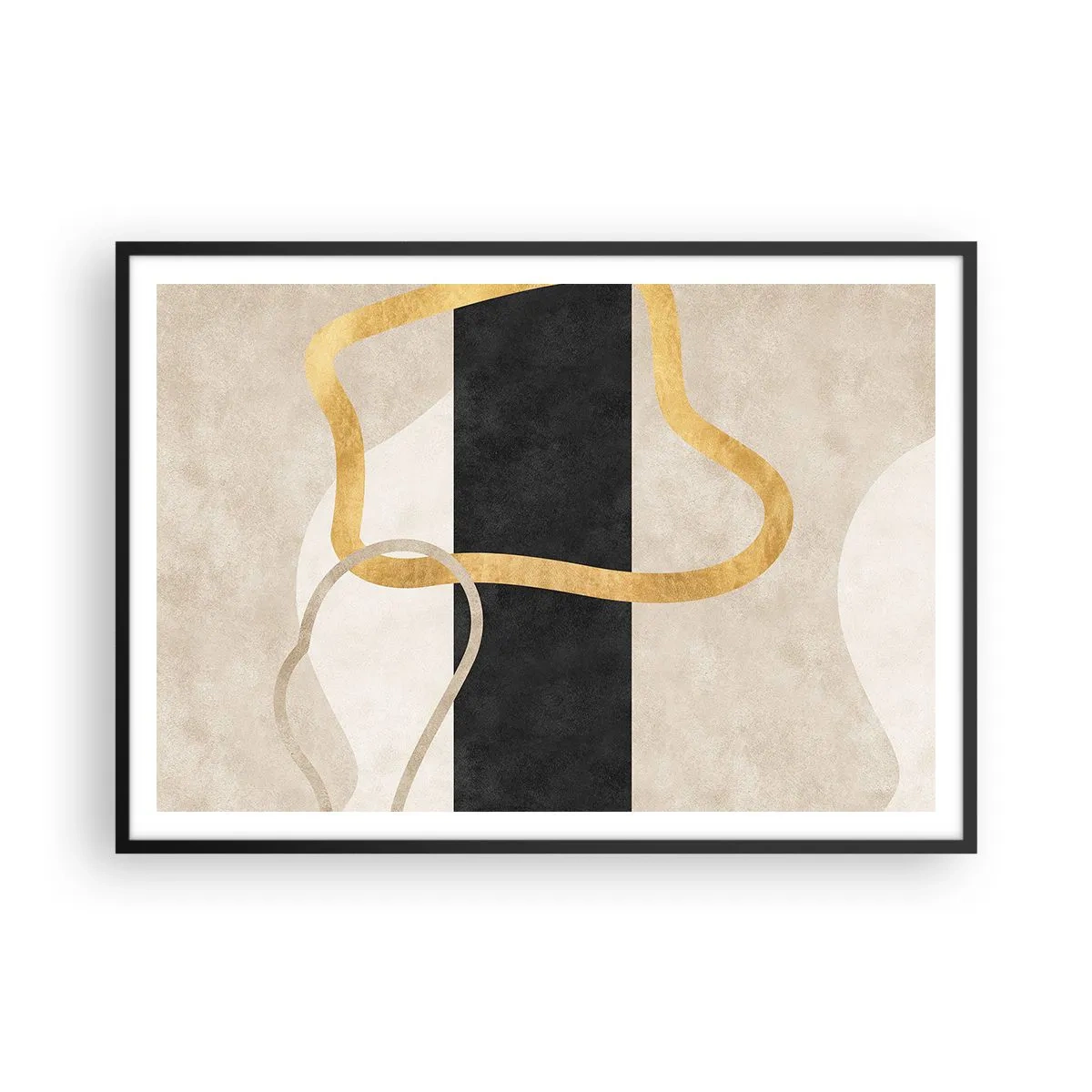 Poster in einem schwarzem Rahmen - Ein minimalistisches Design mit geschwungenen Formen in Gold und Schwarz. - 100x70cm - Schleifenformen - Moderne Wanddekoration für Wohnzimmer und Schlafzimmer ARTTOR