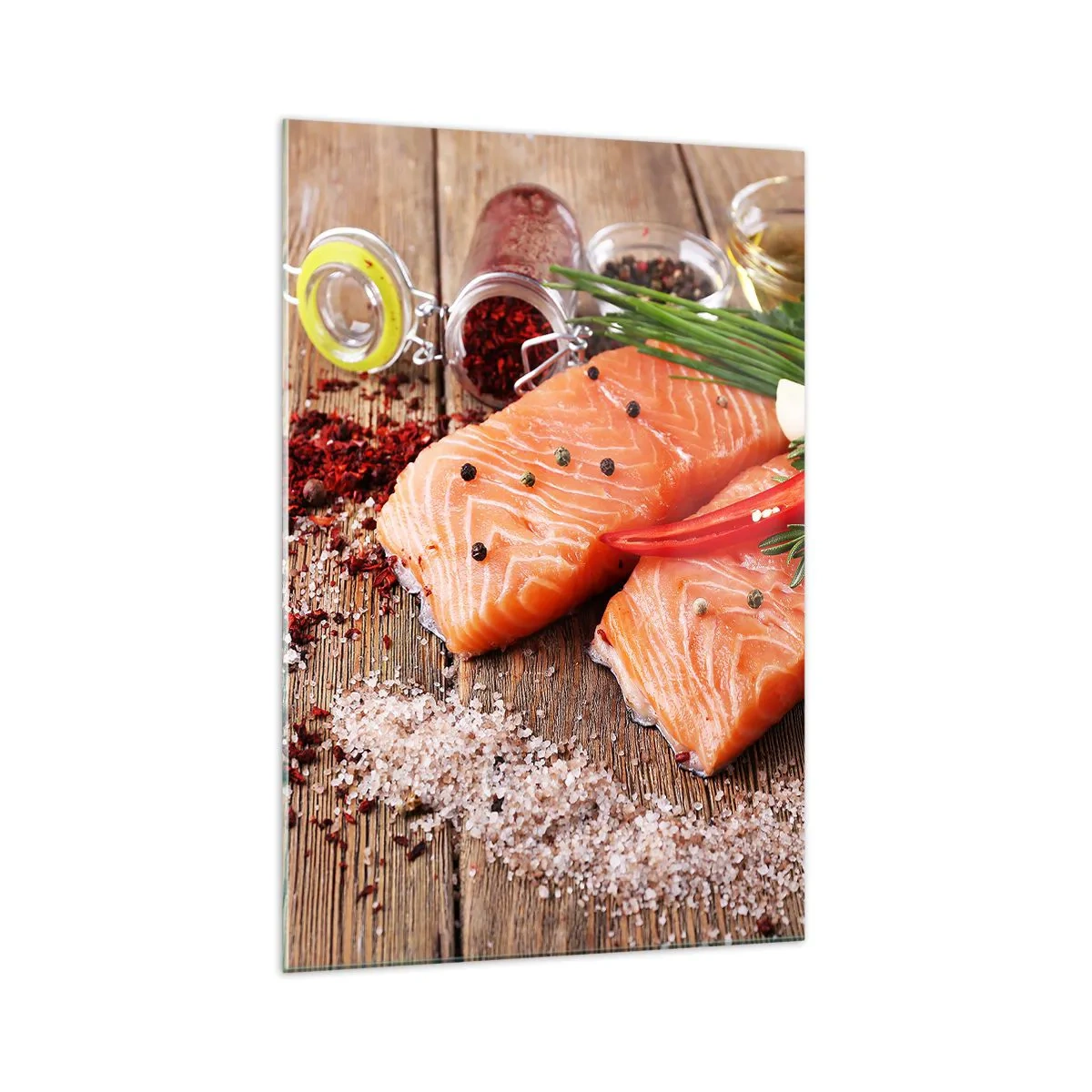 Glasbild - Bild auf glas - Lachsfilets mit Gewürzen auf Holzhintergrund - 70x100cm - Norwegisches Abenteuer in der Küche - Moderne Wanddekoration für Wohnzimmer und Schlafzimmer ARTTOR