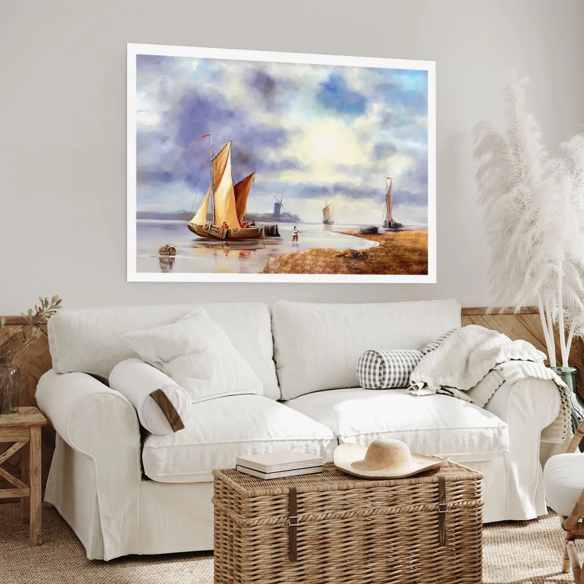 Poster - Segelboote auf ruhigem Wasser mit Windmühlen im Hintergrund - 100x70cm - Die Rückkehr der Seeleute - Moderne Wanddekoration für Wohnzimmer und Schlafzimmer ARTTOR