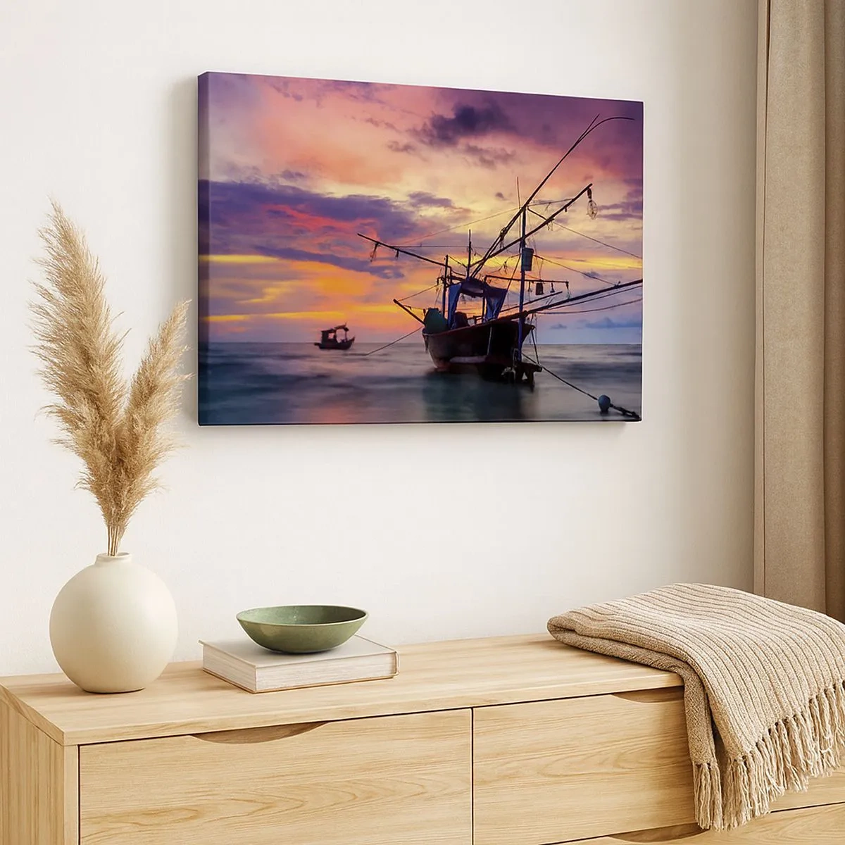 Bild auf Leinwand - Leinwandbild - Ein Fischerboot vor der Kulisse eines farbenfrohen Sonnenuntergangs - 70x50cm - Exotischer Abend - Moderne Wanddekoration für Wohnzimmer und Schlafzimmer ARTTOR