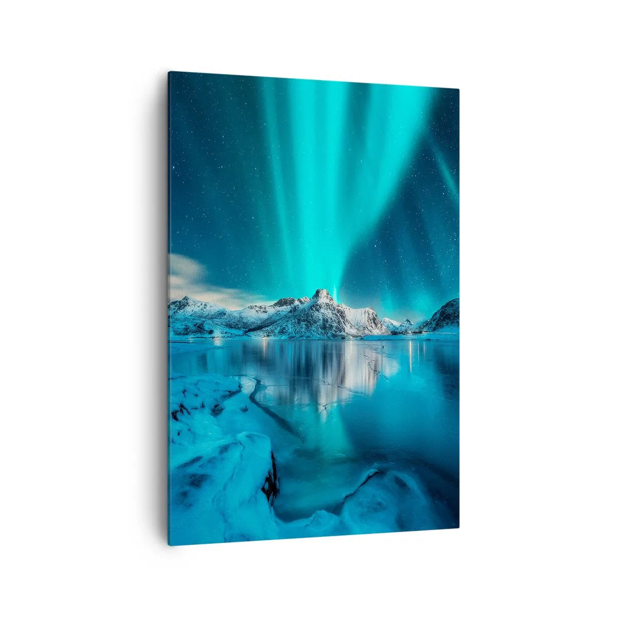 Bild auf Leinwand - Leinwandbild - Aurora Borealis über schneebedeckten Bergen und einem See - 70x100cm - Lichtnacht - Moderne Wanddekoration für Wohnzimmer und Schlafzimmer ARTTOR