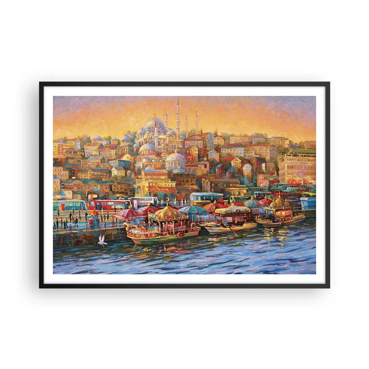 Poster in einem schwarzem Rahmen - Malerisches Panorama von Istanbul mit Blick auf die Bucht und die Stadt - 100x70cm - Istanbuler Geschichte - Moderne Wanddekoration für Wohnzimmer und Schlafzimmer ARTTOR