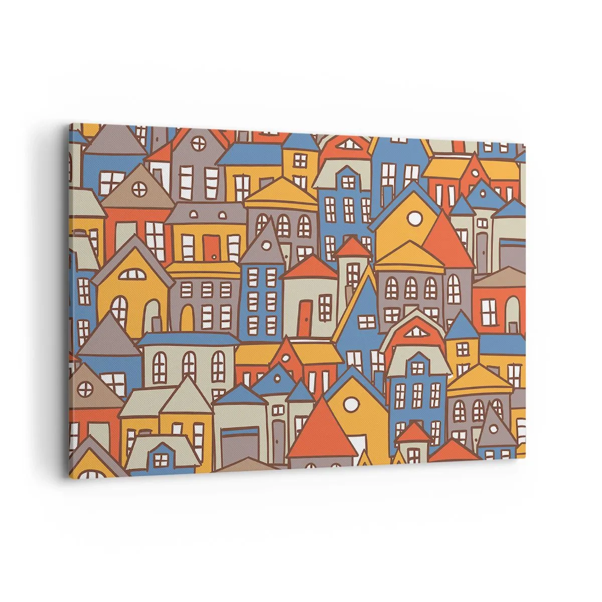 Bild auf Leinwand - Leinwandbild - Bunte Häuser im grafischen Stil auf hellem Hintergrund - 120x80cm - Hinter dem Haus ist das Haus - Moderne Wanddekoration für Wohnzimmer und Schlafzimmer ARTTOR