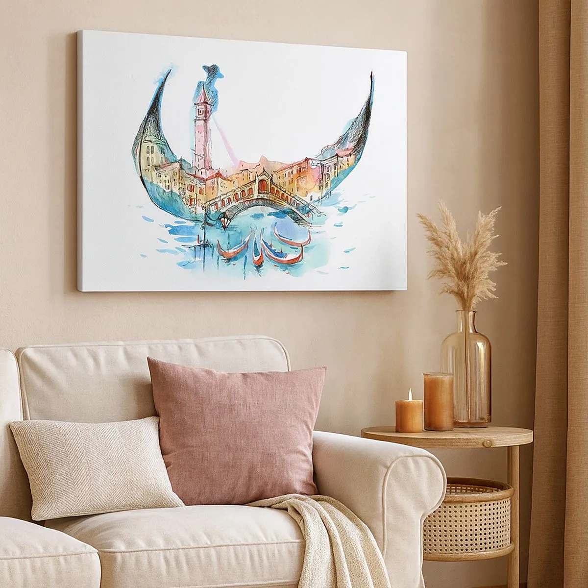 Bild auf Leinwand - Leinwandbild - Eine Aquarellkomposition von Venedig in Form einer Gondel - 70x50cm - Wir segeln durch die Stadt - Moderne Wanddekoration für Wohnzimmer und Schlafzimmer ARTTOR