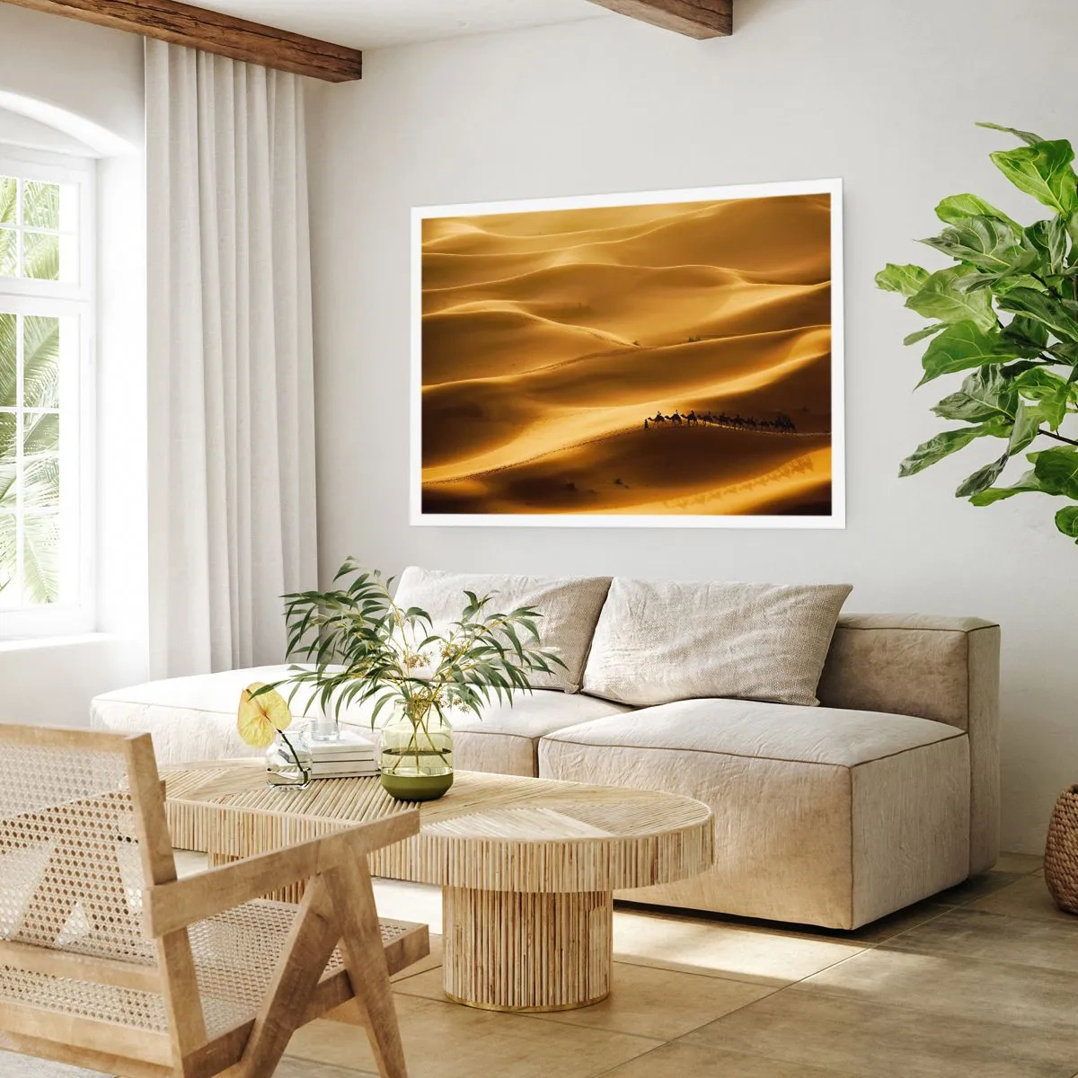 Poster - Eine Karawane von Kamelen wandert durch die goldenen Dünen der Wüste. - 100x70cm - Wohnwagen in den Wüstenwellen - Moderne Wanddekoration für Wohnzimmer und Schlafzimmer ARTTOR