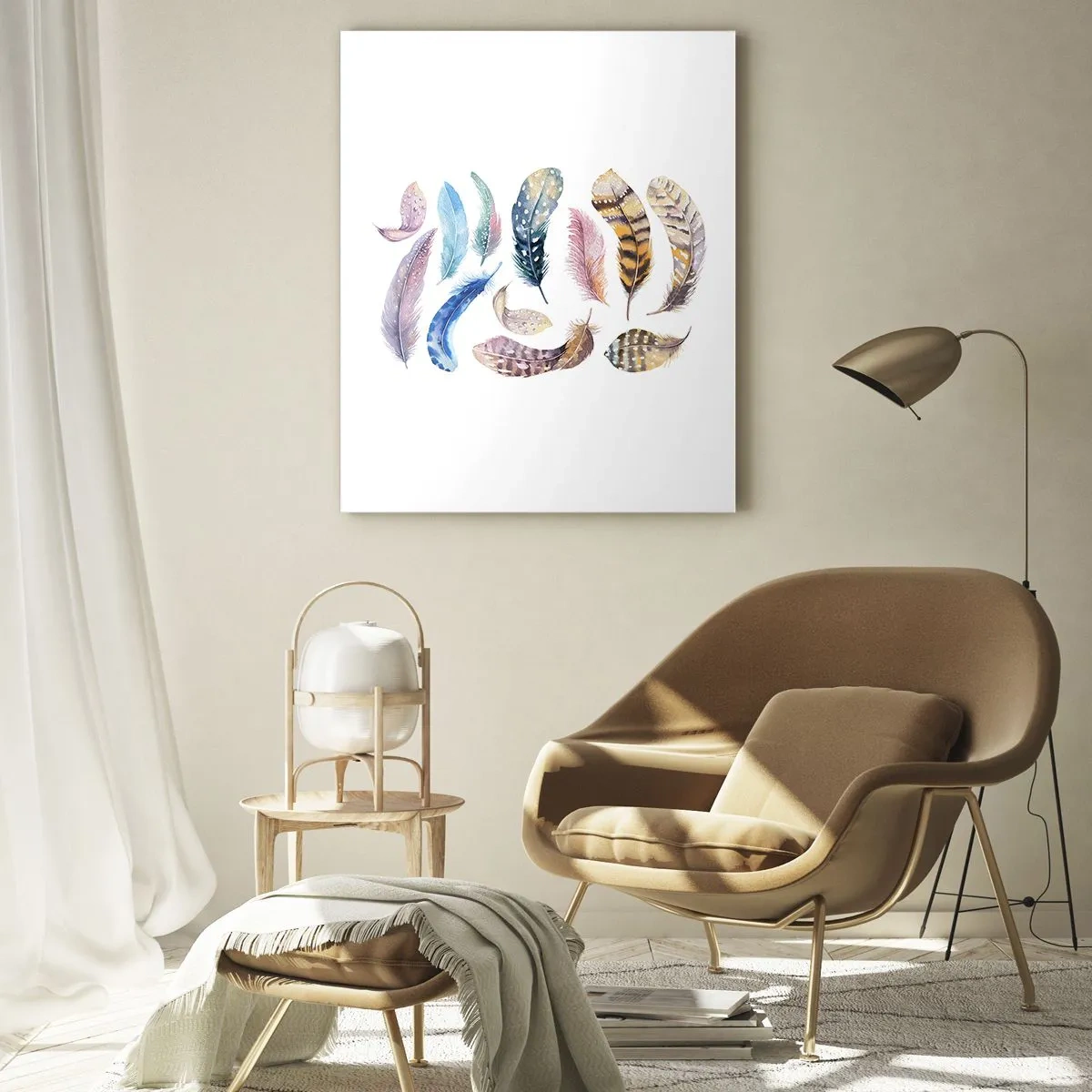 Glasbild - Bild auf glas - Bunte Federn im künstlerischen Stil auf weißem Hintergrund - 50x70cm - Hell, bunt und bunt - Moderne Wanddekoration für Wohnzimmer und Schlafzimmer ARTTOR