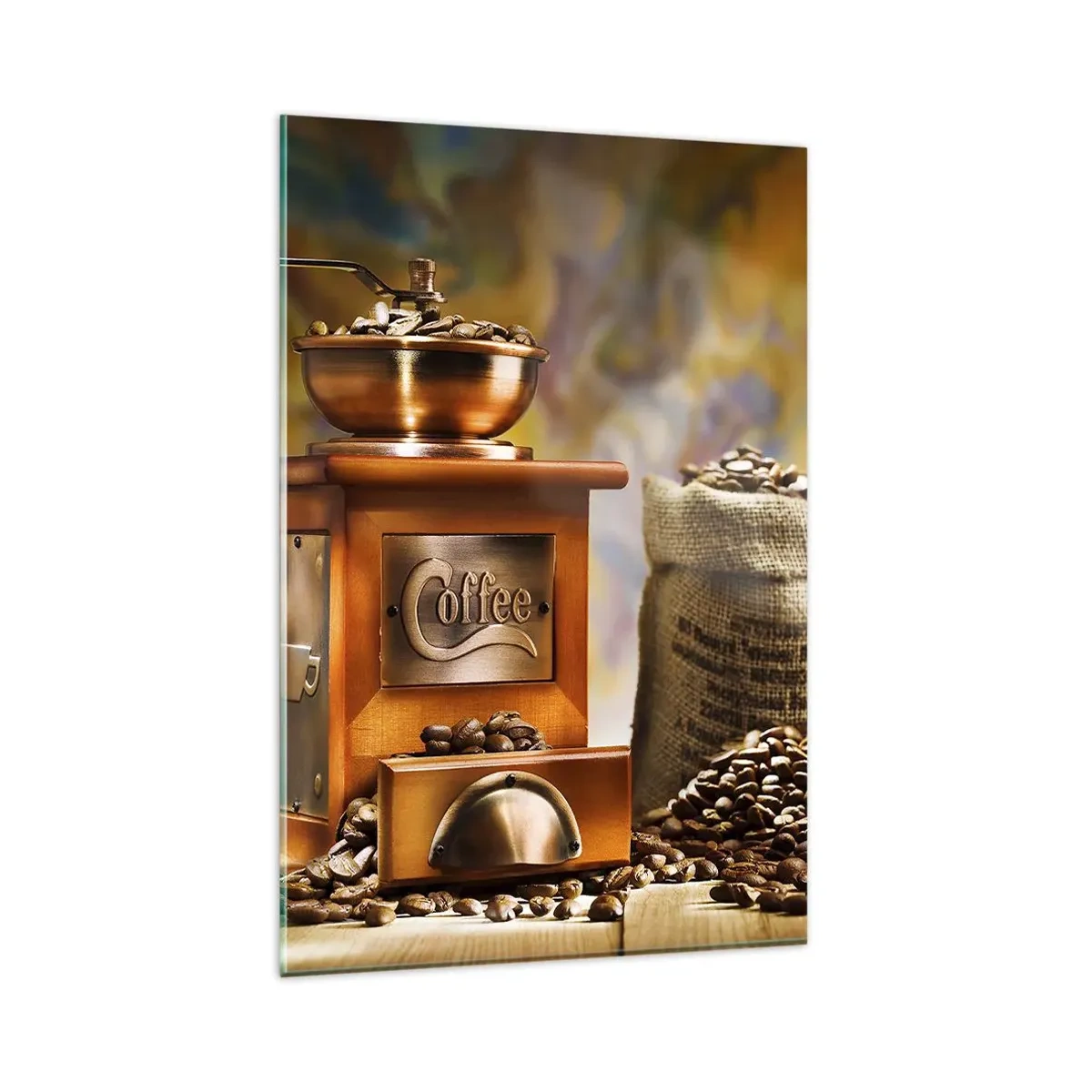 Glasbild - Bild auf glas - Kaffeemühle mit Bohnen und einer Tasse auf dem Hintergrund - 80x120cm - Das Knirschen der Körner, das Rasseln einer Mühle - Moderne Wanddekoration für Wohnzimmer und Schlafzimmer ARTTOR
