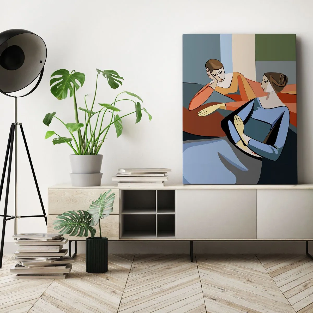 Bild auf Leinwand - Leinwandbild - Abstrakte Darstellung zweier Frauen im kubistischen Stil - 50x70cm - Moment der Zuversicht - Moderne Wanddekoration für Wohnzimmer und Schlafzimmer ARTTOR