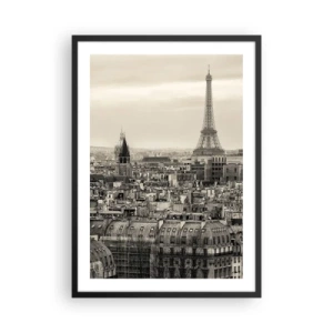 Poster in einem schwarzem Rahmen - Panorama von Paris mit dem Eiffelturm in Sepiatönen - 50x70cm - Über den Dächern von Paris - Moderne Wanddekoration für Wohnzimmer und Schlafzimmer ARTTOR
