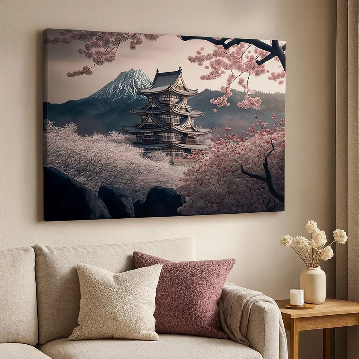 Bild auf Leinwand - Leinwandbild - Ein japanischer Tempel, umgeben von Kirschblüten und Bergen - 70x50cm - Land der Kirschblüten - Moderne Wanddekoration für Wohnzimmer und Schlafzimmer ARTTOR