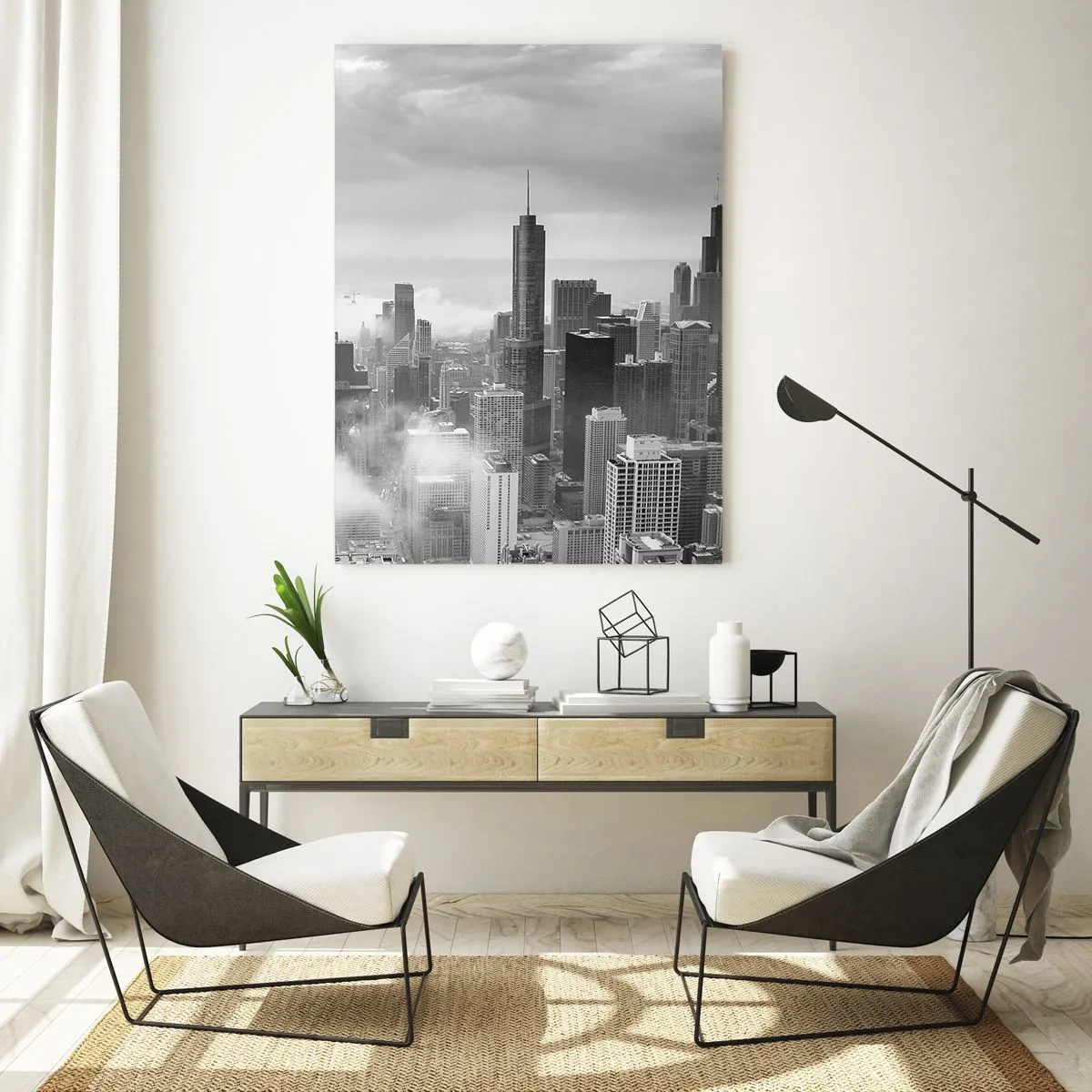 Glasbild - Bild auf glas - Stadtpanorama mit Wolkenkratzern in den Wolken in Schwarzweiß - 70x100cm - Amerikanische Landschaft - Moderne Wanddekoration für Wohnzimmer und Schlafzimmer ARTTOR