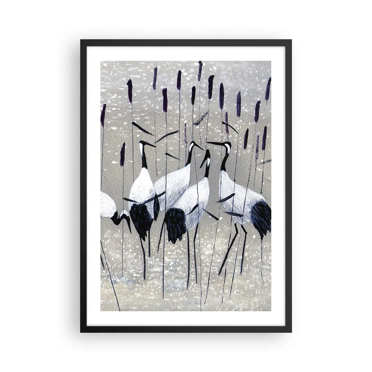 Poster in einem schwarzem Rahmen - Die Anmut der Kraniche in einer subtilen Landschaft aus Gras und Wasser - 50x70cm - Unter ihren eigenen - Moderne Wanddekoration für Wohnzimmer und Schlafzimmer ARTTOR