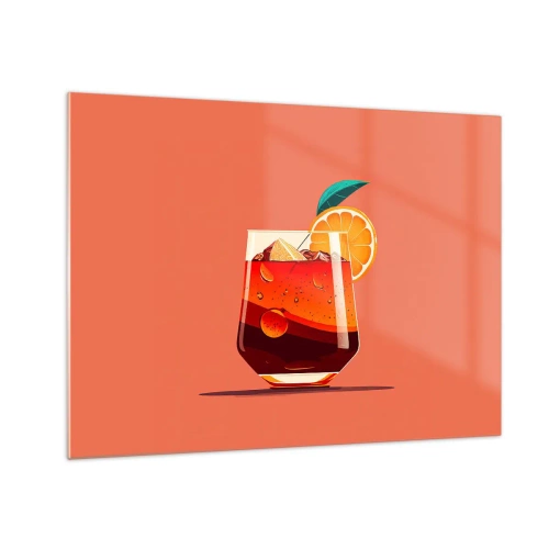 Glasbild - Bild auf glas - Ein farbenfrohes Getränk mit Orange auf einem warmen Pfirsichhintergrund - 70x50cm - Sommerliche Erfrischung - Moderne Wanddekoration für Wohnzimmer und Schlafzimmer ARTTOR