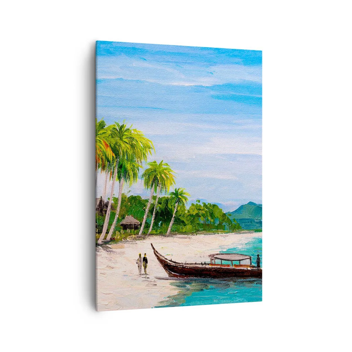 Bild auf Leinwand - Leinwandbild - Ein exotischer Strand mit Palmen und einem Boot am Ufer - 70x100cm - Exotischer Traum - Moderne Wanddekoration für Wohnzimmer und Schlafzimmer ARTTOR