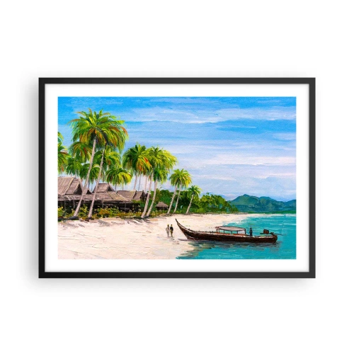 Poster in einem schwarzem Rahmen - Ein exotischer Strand mit Palmen und einem Boot am Ufer - 70x50cm - Exotischer Traum - Moderne Wanddekoration für Wohnzimmer und Schlafzimmer ARTTOR