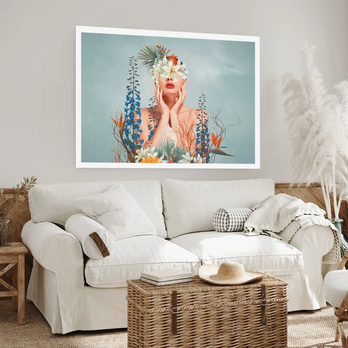 Poster - Frauenporträt mit floralem Motiv vor blauem Hintergrund - 100x70cm - Frau - Blume - Moderne Wanddekoration für Wohnzimmer und Schlafzimmer ARTTOR