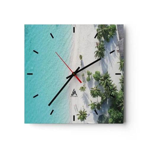 Wanduhr - Glasuhr - Eine Vogelperspektive auf einen tropischen Strand mit türkisfarbenem Wasser und Palmen - 30x30cm - Urlaub im Paradies - Moderne Wanddekoration für Wohnzimmer und Schlafzimmer ARTTOR