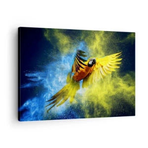 Bild auf Leinwand - Leinwandbild - Ein Papagei im Flug vor einem Hintergrund aus farbenfrohen Explosionen in Gelb und Blau. - 70x50cm - Im blauen und goldenen Staub - Moderne Wanddekoration für Wohnzimmer und Schlafzimmer ARTTOR