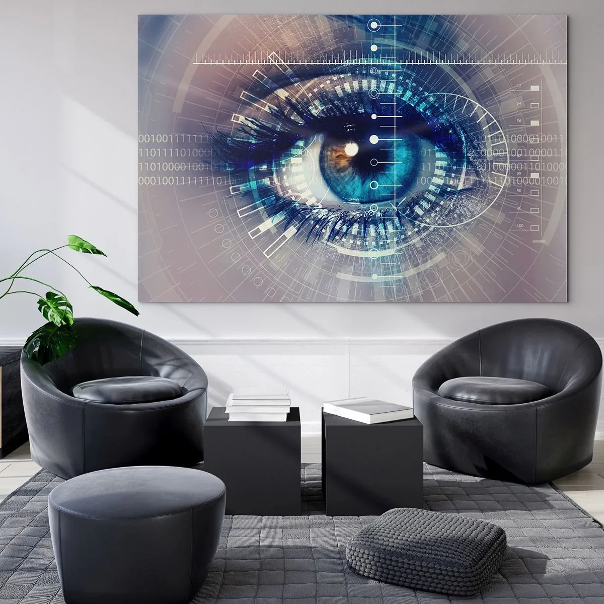 Glasbild - Bild auf glas - Ein digitales Auge mit futuristischer Technologie und Datenthema - 120x80cm - Du denkst du kennst mich - Moderne Wanddekoration für Wohnzimmer und Schlafzimmer ARTTOR