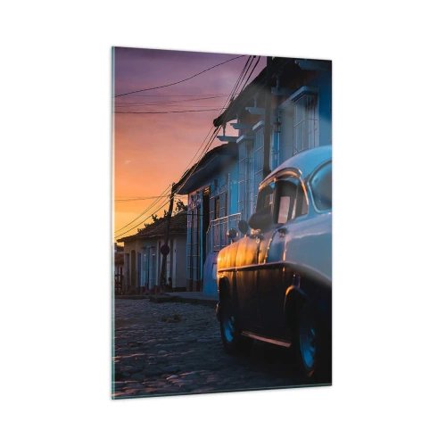Glasbild - Bild auf glas - Stimmungsvolle Straße mit einem Oldtimer bei Sonnenuntergang - 50x70cm - Hier vergeht die Zeit - Moderne Wanddekoration für Wohnzimmer und Schlafzimmer ARTTOR