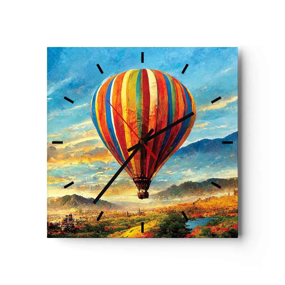 Wanduhr - Glasuhr - Ein bunter Ballon über einer malerischen Landschaft - 30x30cm - In der Stille sieht man mehr - Moderne Wanddekoration für Wohnzimmer und Schlafzimmer ARTTOR