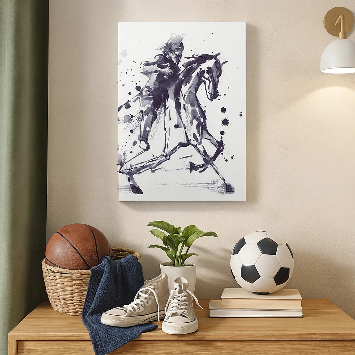 Bild auf Leinwand - Leinwandbild - Schwarz-weißes Aquarell eines Reiters auf einem galoppierenden Pferd - 50x70cm - Schwarzer Ritter - Moderne Wanddekoration für Wohnzimmer und Schlafzimmer ARTTOR