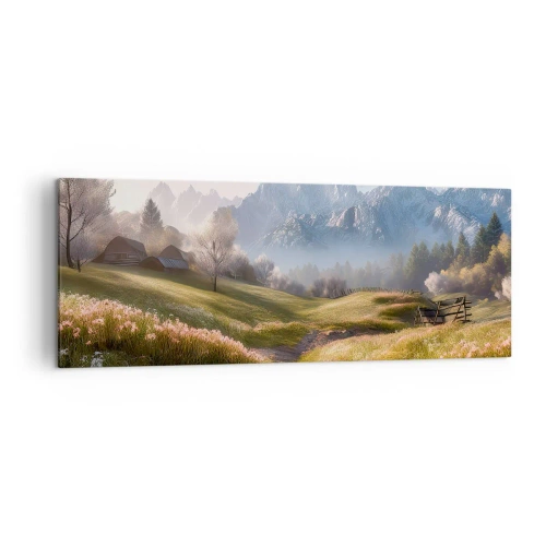 Bild auf Leinwand - Leinwandbild - Ein Bergtal mit Wiesen, Hütten und Blick auf die Gipfel - 140x50cm - Idyllisches Tal - Moderne Wanddekoration für Wohnzimmer und Schlafzimmer ARTTOR