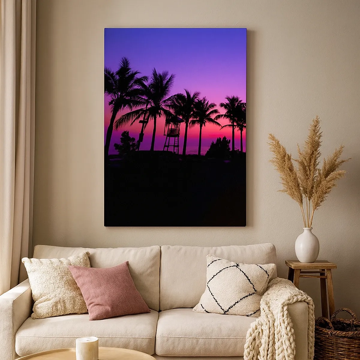Bild auf Leinwand - Leinwandbild - Silhouetten von Palmen vor einem rosa-violetten Sonnenuntergangshimmel - 50x70cm - Abend unter Palmen - Moderne Wanddekoration für Wohnzimmer und Schlafzimmer ARTTOR