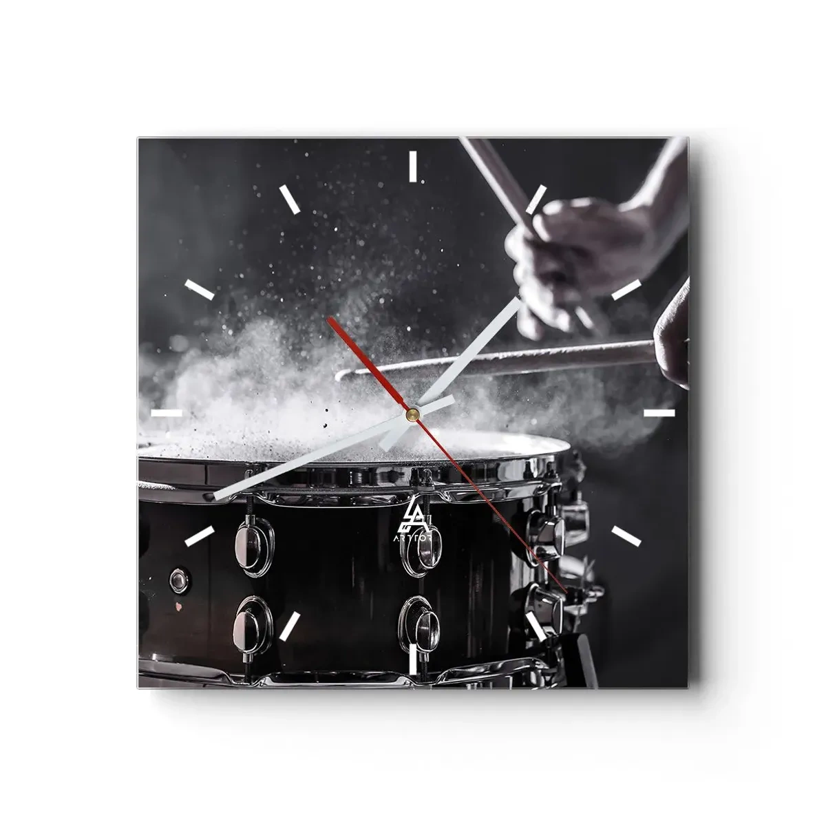 Wanduhr - Glasuhr - Schlagen der Snare Drum mit Sticks mit Staubeffekt - 30x30cm - Der Puls der Musik - Moderne Wanddekoration für Wohnzimmer und Schlafzimmer ARTTOR