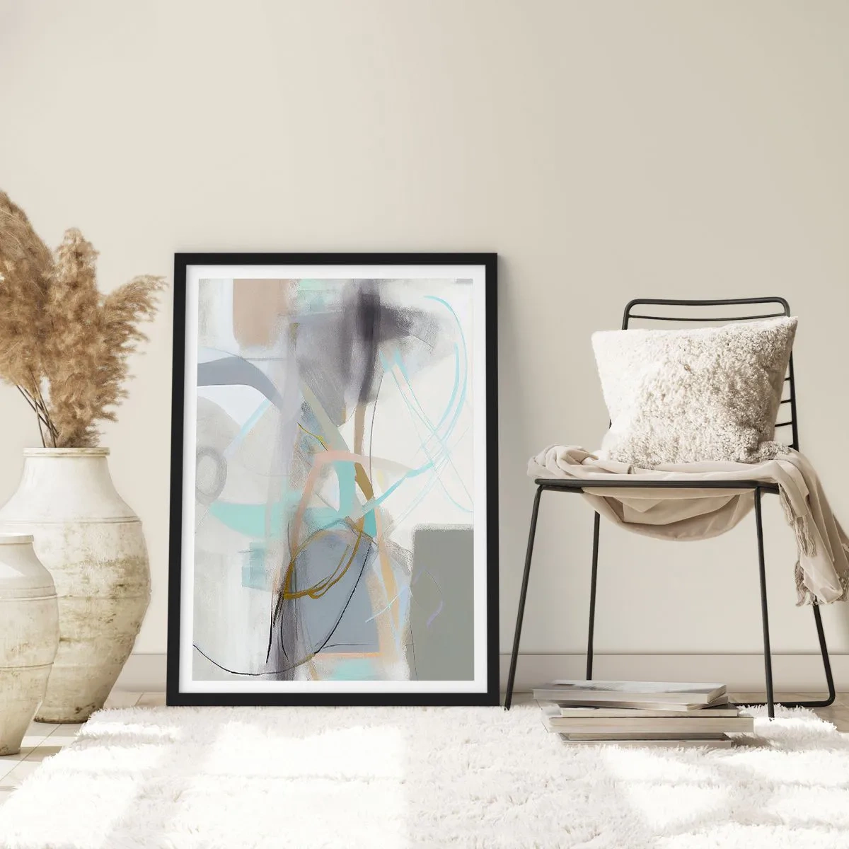 Poster in einem schwarzem Rahmen - Subtile Abstraktion in Grau- und Blautönen - 50x70cm - Neblige Abstraktion - Moderne Wanddekoration für Wohnzimmer und Schlafzimmer ARTTOR