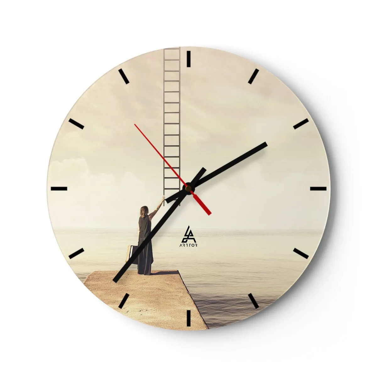 Wanduhr - Glasuhr - Eine Frau auf einem Pier zeigt auf eine Leiter, die in den Himmel führt. - 30x30cm - Eine magische Reise - Moderne Wanddekoration für Wohnzimmer, Küche und Schlafzimmer ARTTOR