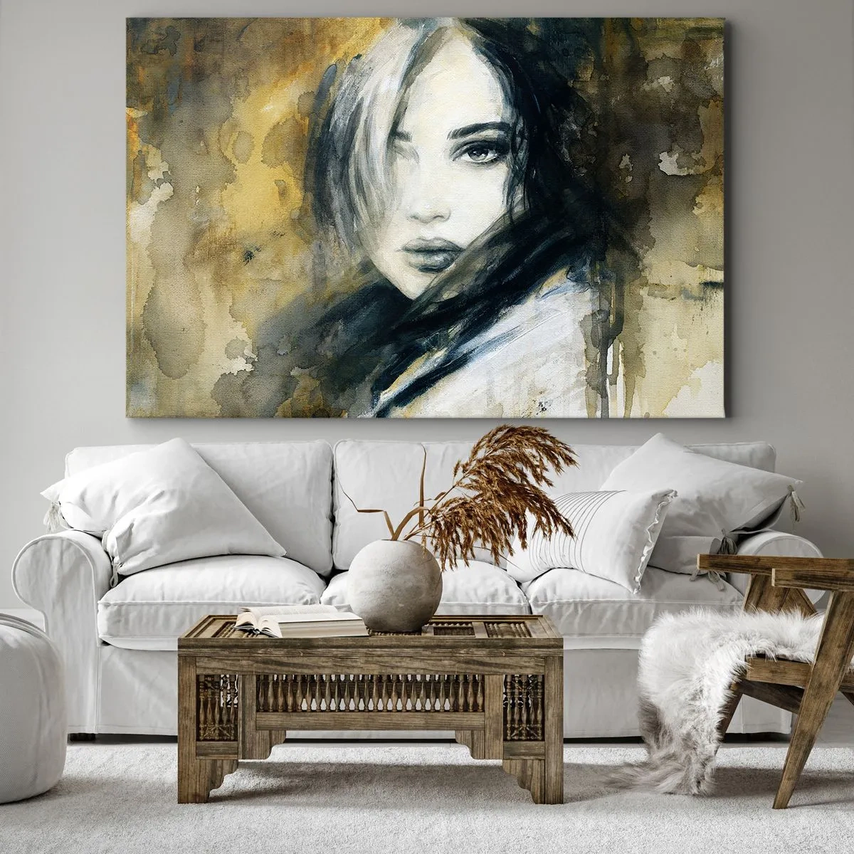 Bild auf Leinwand - Leinwandbild - Porträt einer Frau vor einem Hintergrund aus abstrakten Flecken in Beigetönen - 70x50cm - unschuldiger oder sinnlicher? - Moderne Wanddekoration für Wohnzimmer und Schlafzimmer ARTTOR