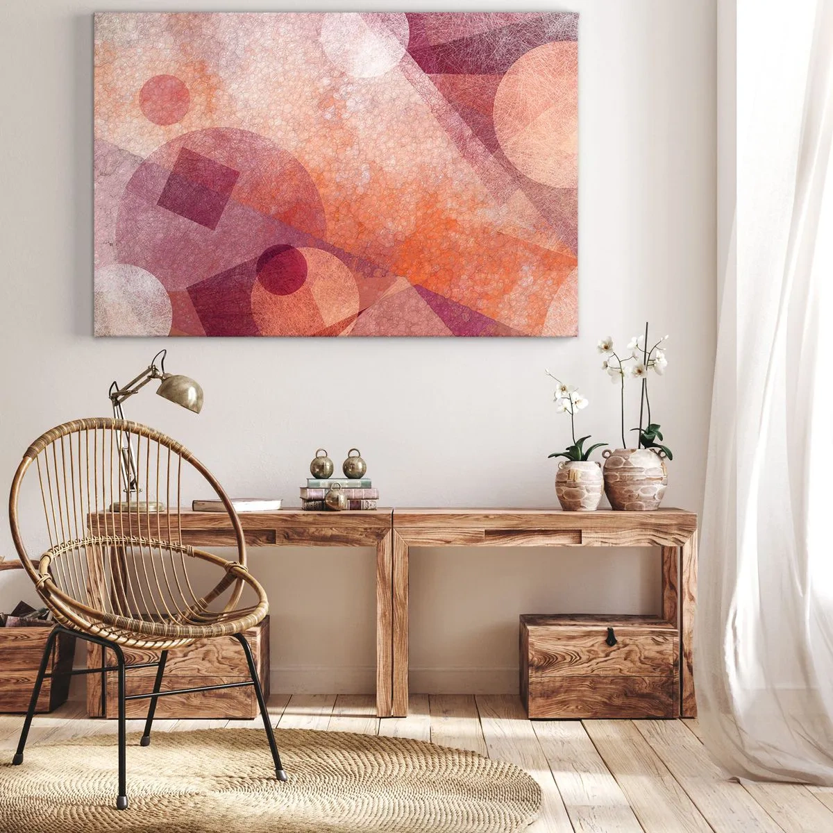 Bild auf Leinwand - Leinwandbild - Abstrakte geometrische Formen in Pastelltönen von Rosa - 120x80cm - Geometrische Transformationen in Pink - Moderne Wanddekoration für Wohnzimmer und Schlafzimmer ARTTOR