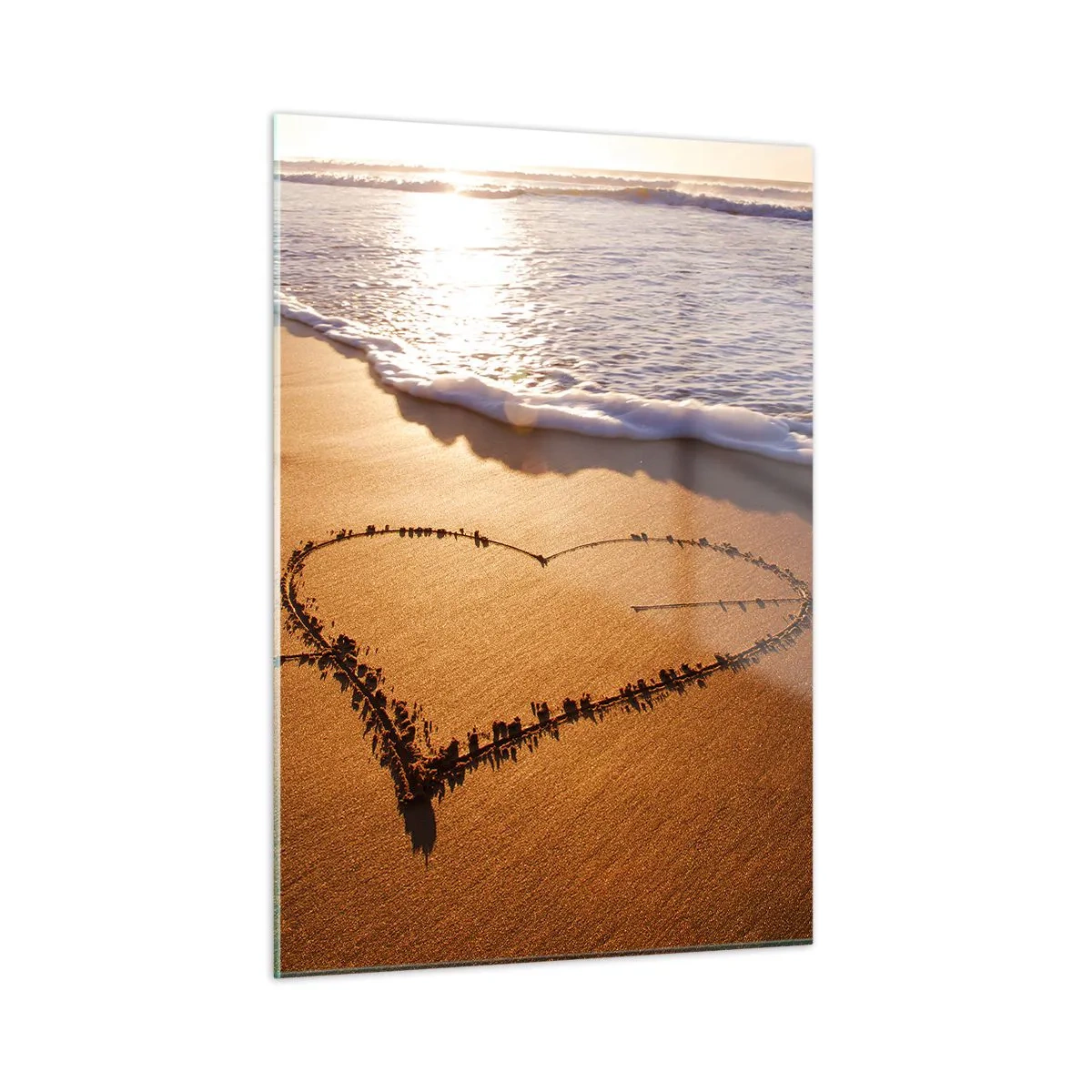 Glasbild - Bild auf glas - Ein in den Sand gezeichnetes Herz, beleuchtet von den Sonnenstrahlen - 50x70cm - Urlaubsgeständnis - Moderne Wanddekoration für Wohnzimmer und Schlafzimmer ARTTOR