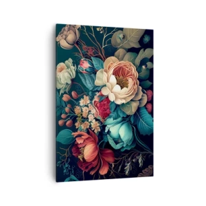 Bild auf Leinwand - Leinwandbild - Eine farbenfrohe Blumenkomposition auf dunklem Hintergrund - 70x100cm - Charme des 19. Jahrhunderts - Moderne Wanddekoration für Wohnzimmer und Schlafzimmer ARTTOR