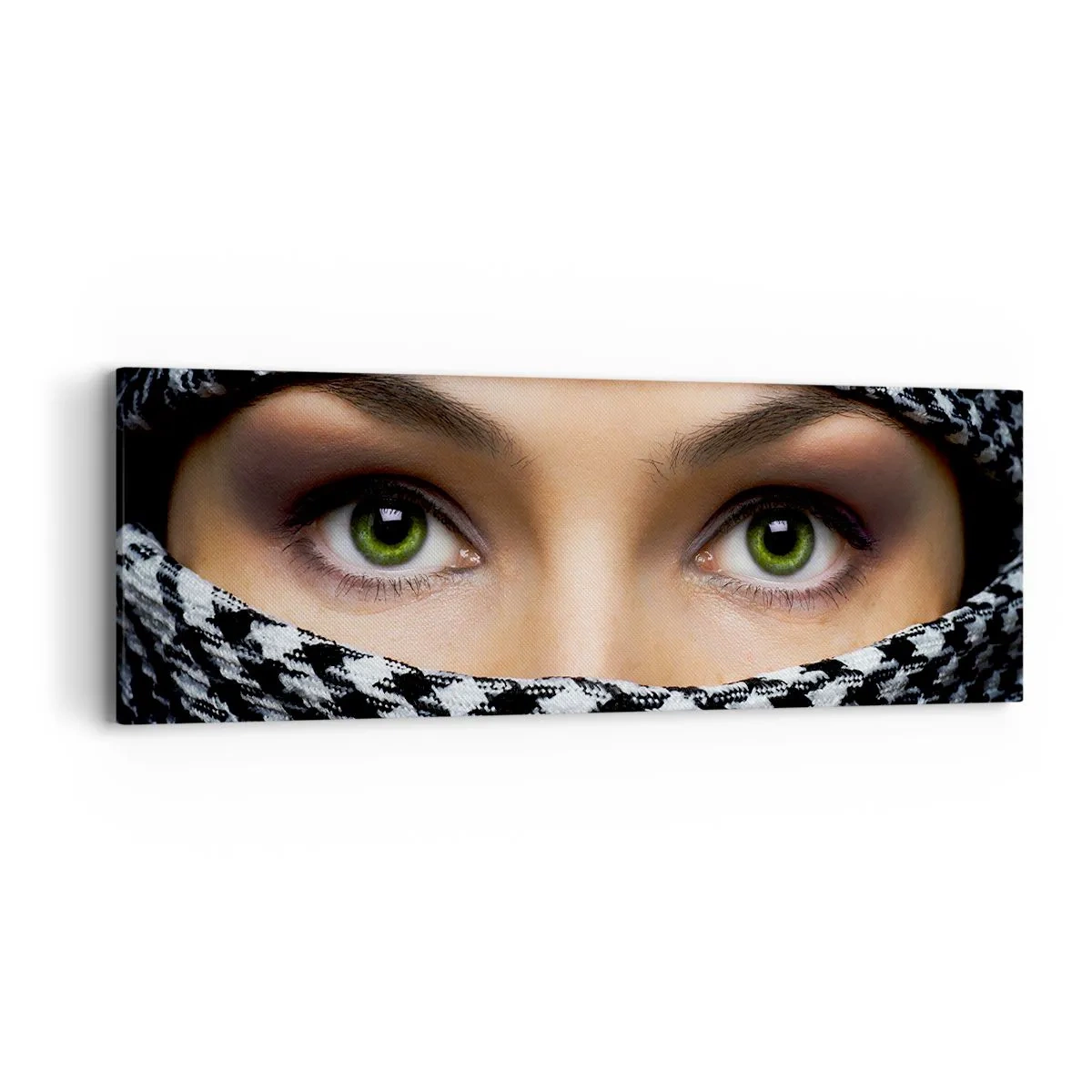 Bild auf Leinwand - Leinwandbild - Ein Porträt einer verschleierten grünäugigen Schönheit - 90x30 cm
