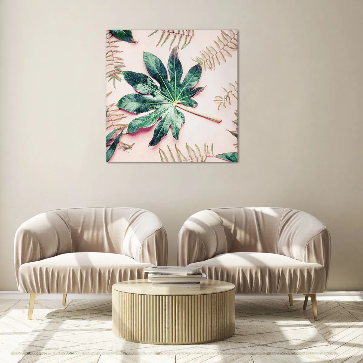 Glasbild - Bild auf glas - Eine Studie von Grün auf einem rosa Hintergrund - 60x60 cm