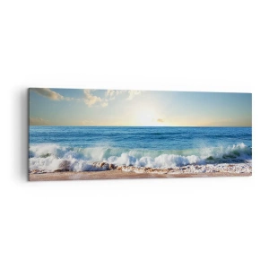 Bild auf Leinwand - Leinwandbild - Ein sonniger Strand mit Wellen, die an die Küste krachen - 140x50cm - Bewegung und Stille zugleich - Moderne Wanddekoration für Wohnzimmer und Schlafzimmer ARTTOR