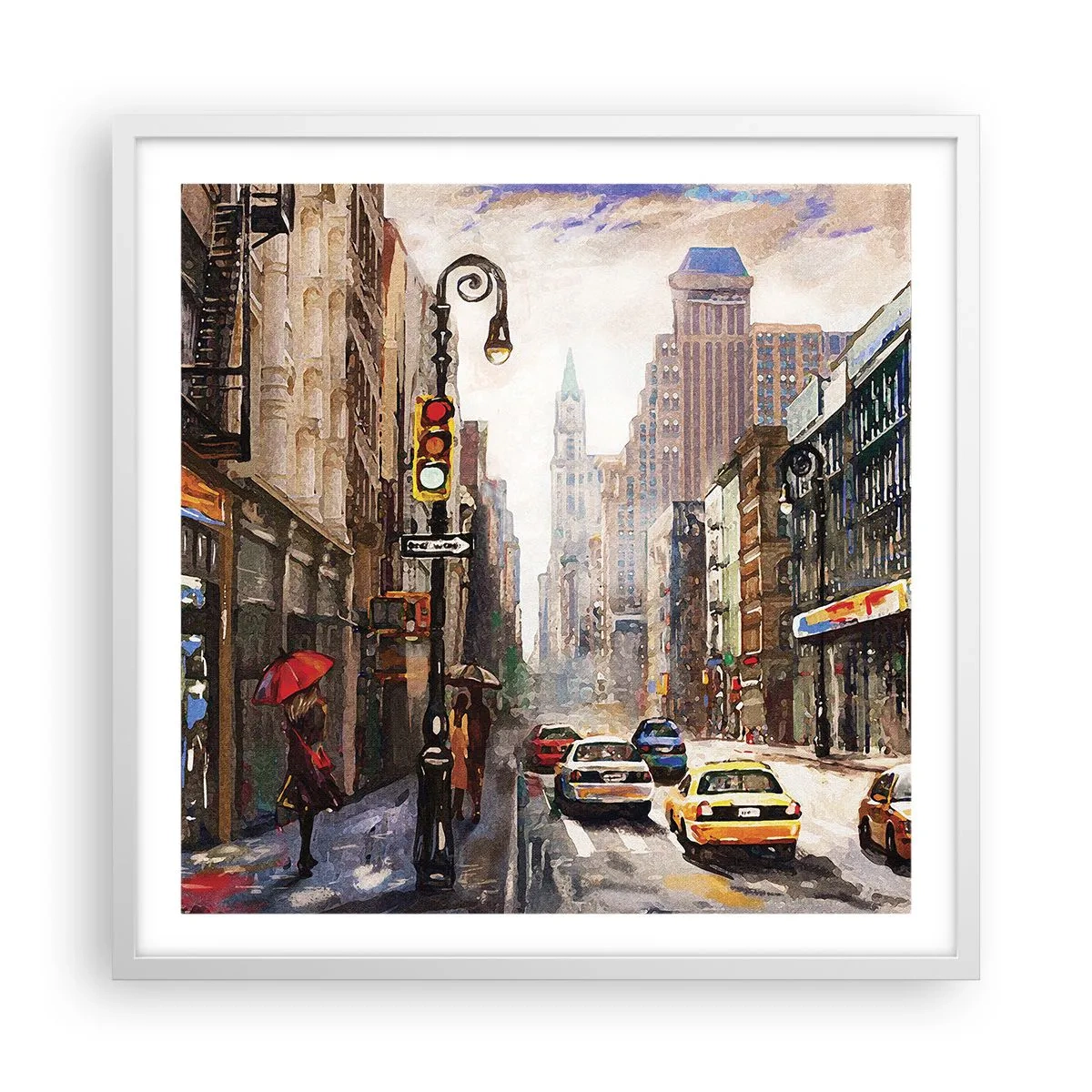 Poster in einem weißen Rahmen - New York - auch im Regen bunt - 60x60 cm